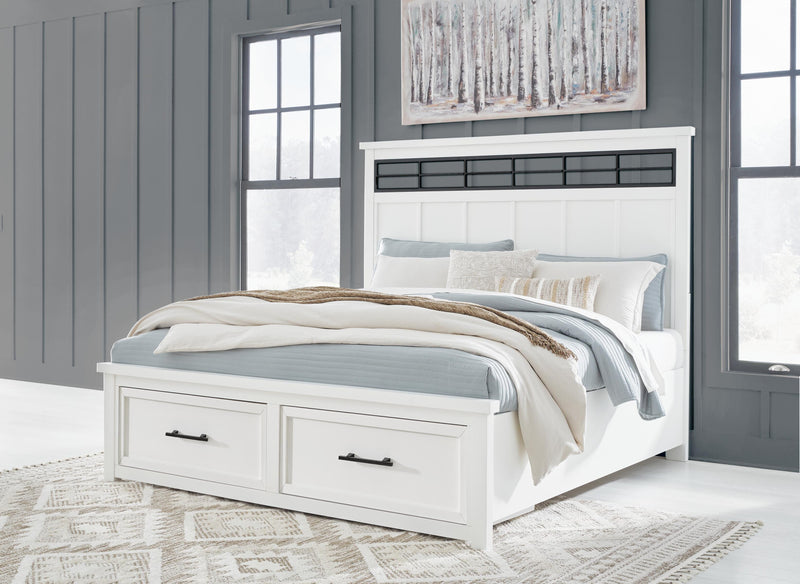 Ashbryn King Panel Storage Bed, Dresser and 2 Nightstands in White/Natural - PKG016971