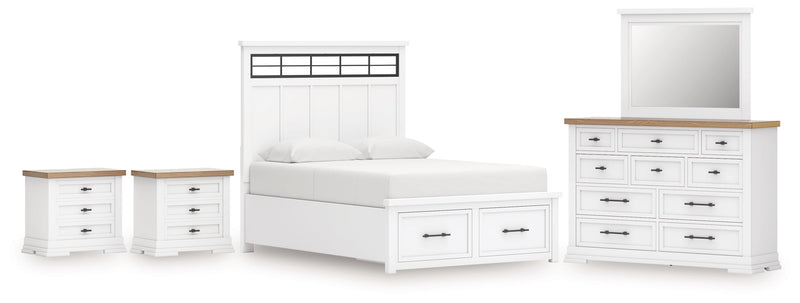 Ashbryn King Panel Storage Bed with Mirrored Dresser and 2 Nightstands in White/Natural from Ashley - Lara Furniture