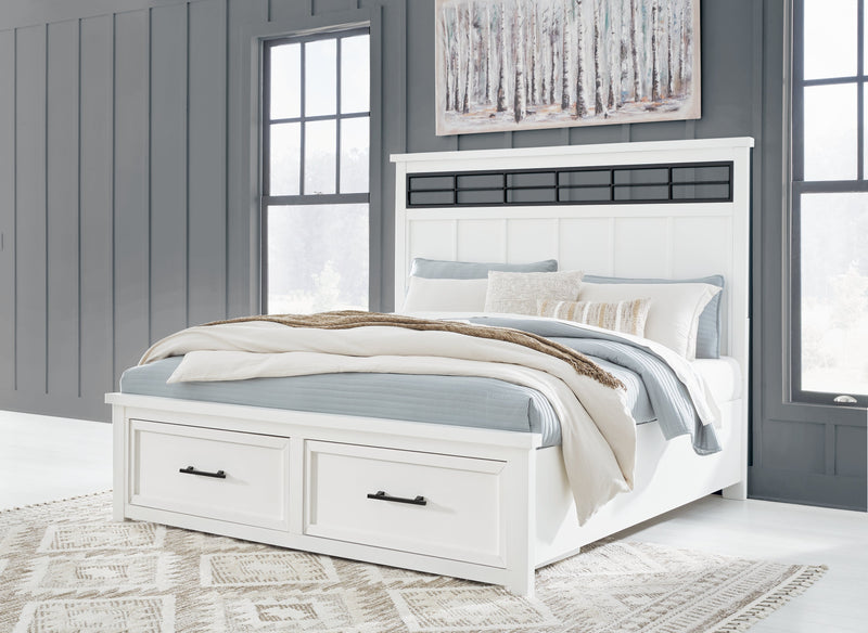 Ashbryn King Panel Storage Bed with Mirrored Dresser and 2 Nightstands in White/Natural from Ashley - Lara Furniture