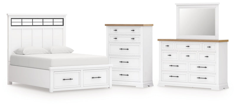 Ashbryn King Panel Storage Bed with Mirrored Dresser and Chest in White/Natural from Ashley - Lara Furniture