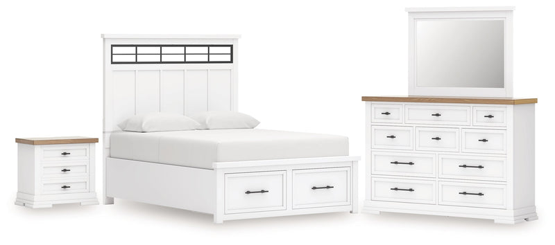 Ashbryn King Panel Storage Bed with Mirrored Dresser and Nightstand in White/Natural from Ashley - Lara Furniture