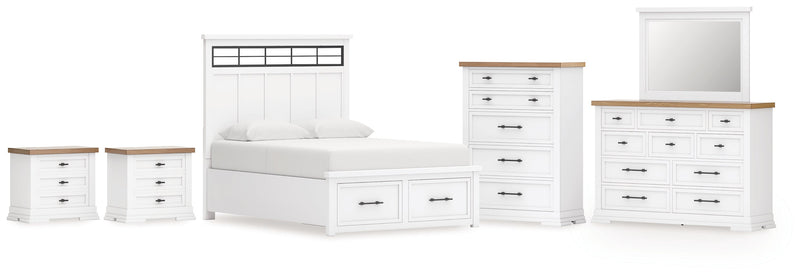 Ashbryn King Panel Storage Bed with Mirrored Dresser, Chest and 2 Nightstands in White/Natural from Ashley - Lara Furniture