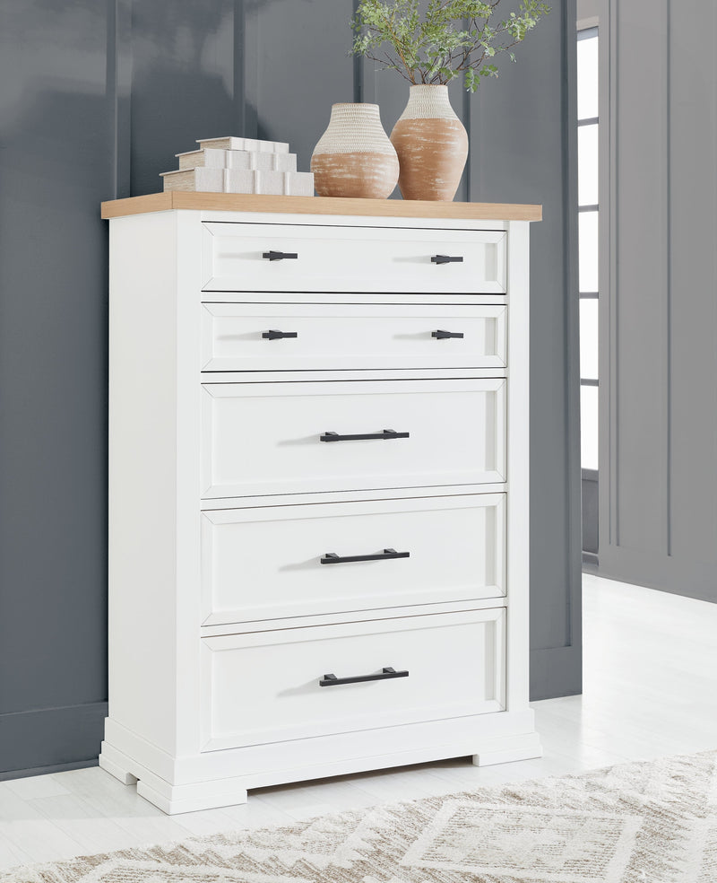 Ashbryn King Panel Storage Bed with Mirrored Dresser, Chest and 2 Nightstands in White/Natural from Ashley - Lara Furniture