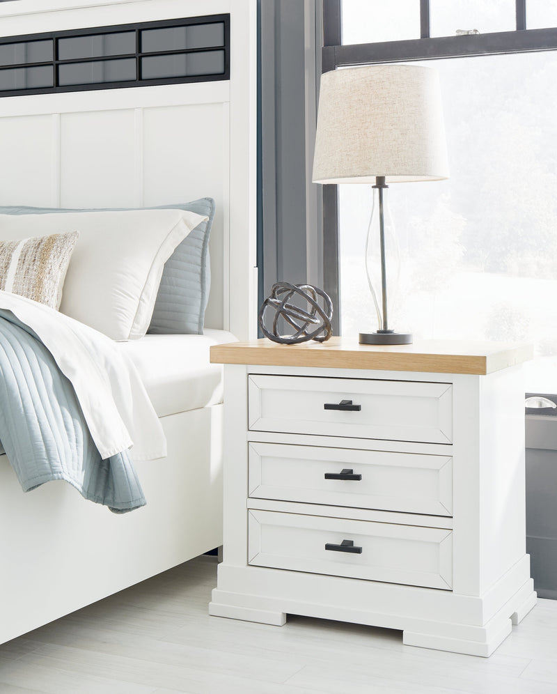 Ashbryn King Panel Storage Bed with Mirrored Dresser, Chest and 2 Nightstands in White/Natural from Ashley - Lara Furniture