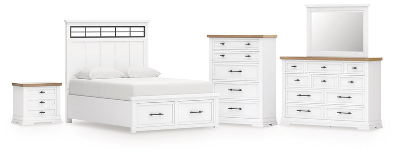 Ashbryn King Panel Storage Bed with Mirrored Dresser, Chest and Nightstand in White/Natural from Ashley - Lara Furniture