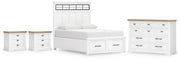 Ashbryn Queen Panel Storage Bed, Dresser and 2 Nightstands in White/Natural - PKG016962