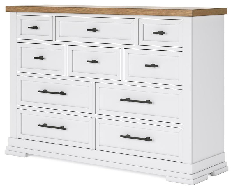 Ashbryn Queen Panel Storage Bed, Dresser and 2 Nightstands in White/Natural - PKG016962