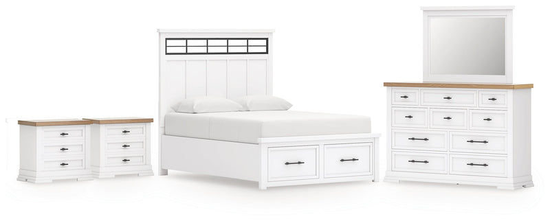 Ashbryn Queen Panel Storage Bed with Mirrored Dresser and 2 Nightstands in White/Natural from Ashley - Lara Furniture