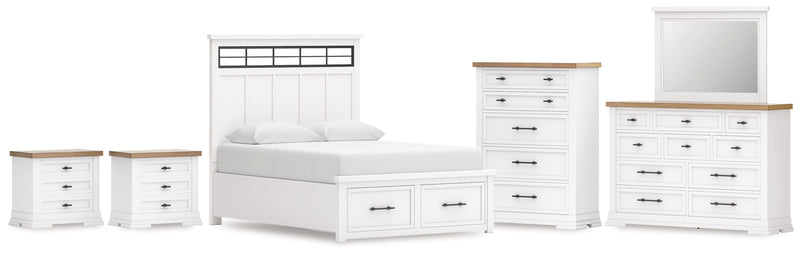 Ashbryn Queen Panel Storage Bed with Mirrored Dresser, Chest and 2 Nightstands in White/Natural from Ashley - Lara Furniture