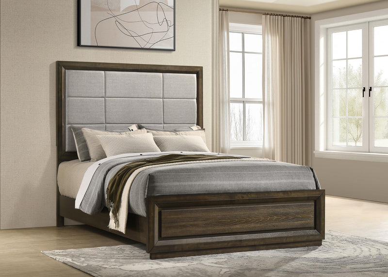 Atlas 64-inch Queen Upholstered Panel Bed Grey and Dark Oak - 215971Q