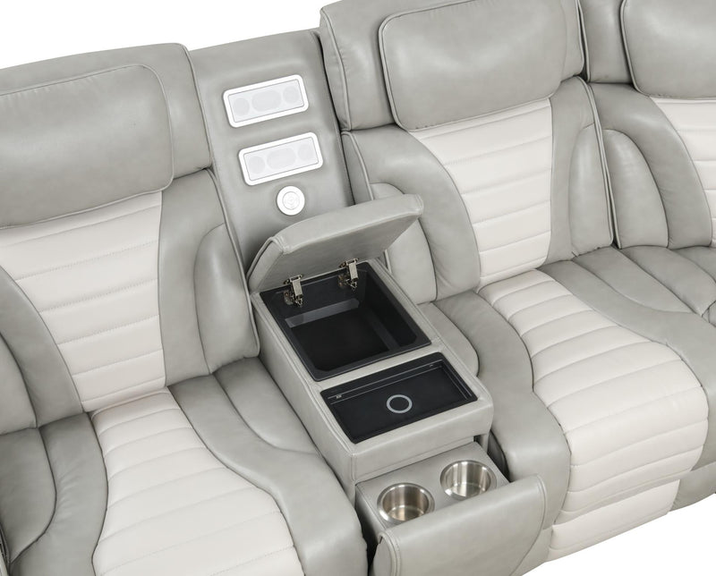 Atlas - Gray & Ice 3PCS Power Recliner Sectional with Power Headrest, Console, Wireless Charging, Speaker, LED. USB Charger, Cup Holder - S408-Sectional