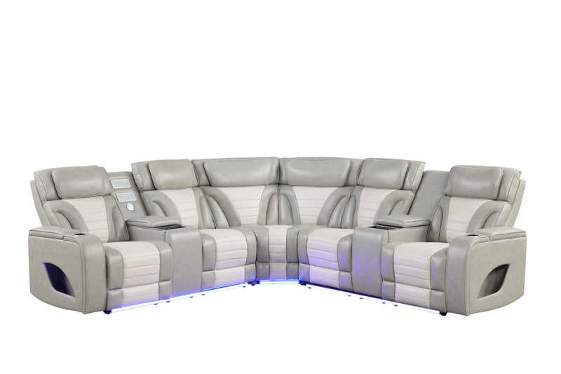 Atlas - Gray & Ice 3PCS Power Recliner Sectional with Power Headrest, Console, Wireless Charging, Speaker, LED. USB Charger, Cup Holder - S408-Sectional