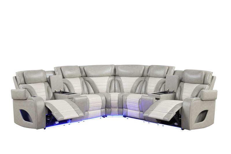 Atlas - Gray & Ice 3PCS Power Recliner Sectional with Power Headrest, Console, Wireless Charging, Speaker, LED. USB Charger, Cup Holder - S408-Sectional