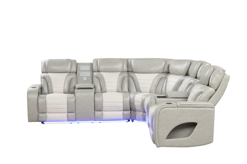 Atlas - Gray & Ice 3PCS Power Recliner Sectional with Power Headrest, Console, Wireless Charging, Speaker, LED. USB Charger, Cup Holder - S408-Sectional