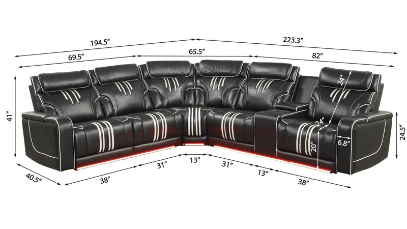 Axiom - Black Power Recliner Sectional with Power Headrest, Storage Console, Wireless Charger, Hidden Cup Holder, Storage Armrest, Immersive Sound Speakers and Seating, RGB Interactive LED, Zero Gravity and USB Charger - CS832-Sectional-Black
