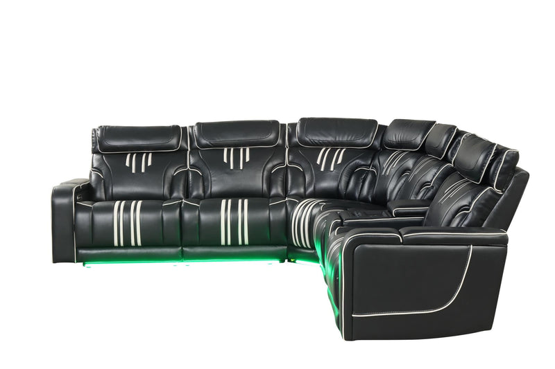 Axiom - Black Power Recliner Sectional with Power Headrest, Storage Console, Wireless Charger, Hidden Cup Holder, Storage Armrest, Immersive Sound Speakers and Seating, RGB Interactive LED, Zero Gravity and USB Charger - CS832-Sectional-Black