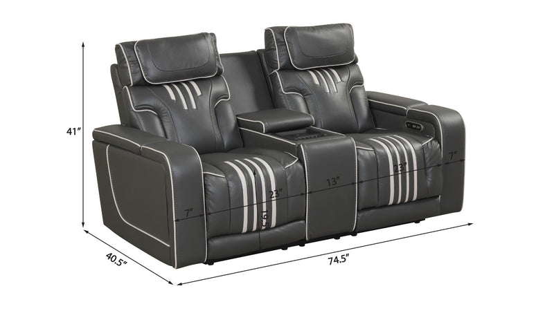 Axiom - Gray Power Recliner Loveseat with Power Headrest, Storage Console, Wireless Charger, Zero Gravity, Hidden Integrated Bluetooth sound system, Decorative top stitching, Storage Armrest, Pull-Out Cup Holder and USB Charger - L658-L