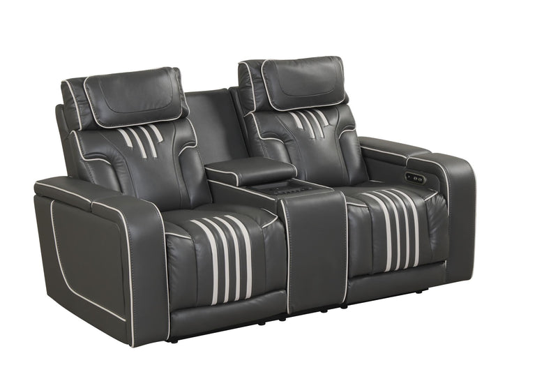 Axiom - Gray Power Recliner Loveseat with Power Headrest, Storage Console, Wireless Charger, Zero Gravity, Hidden Integrated Bluetooth sound system, Decorative top stitching, Storage Armrest, Pull-Out Cup Holder and USB Charger - L658-L
