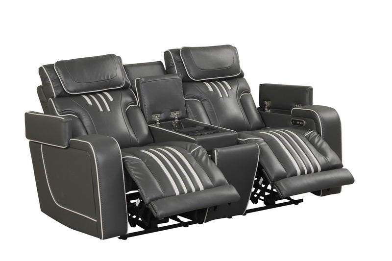 Axiom - Gray Power Recliner Loveseat with Power Headrest, Storage Console, Wireless Charger, Zero Gravity, Hidden Integrated Bluetooth sound system, Decorative top stitching, Storage Armrest, Pull-Out Cup Holder and USB Charger - L658-L