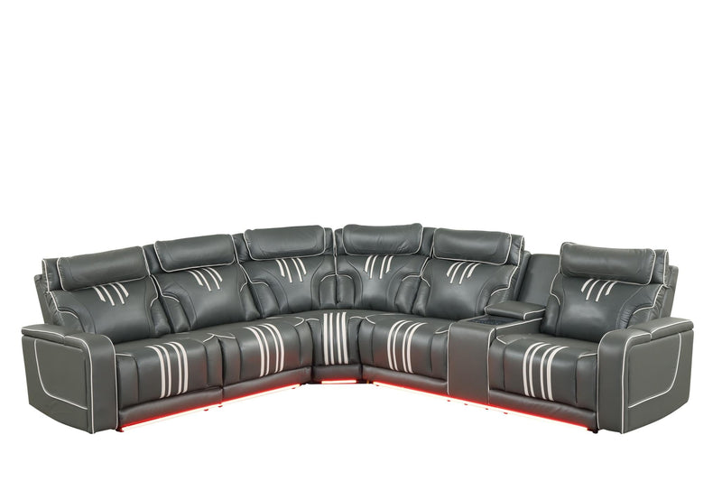 Axiom - Gray Power Recliner Sectional with Power Headrest, Storage Console, Wireless Charger, Hidden Cup Holder, Storage Armrest, Immersive Sound Speakers and Seating, RGB Interactive LED, Zero Gravity and USB Charger - S435-Sectional
