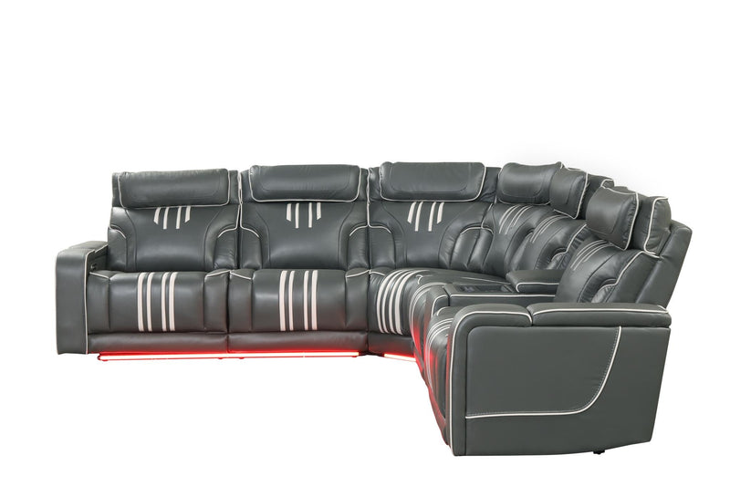 Axiom - Gray Power Recliner Sectional with Power Headrest, Storage Console, Wireless Charger, Hidden Cup Holder, Storage Armrest, Immersive Sound Speakers and Seating, RGB Interactive LED, Zero Gravity and USB Charger - S435-Sectional