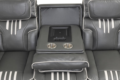 Axiom - Gray Power Recliner Sofa with Power Headrest, Drop-Down Table, Cup Holder, Integrated Bluetooth sound system, Decorative top stitching, Zero Gravity, Storage Armrest and USB Charger - L658-S