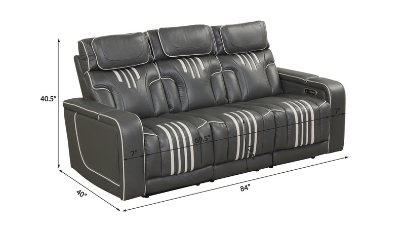 Axiom - Gray Power Recliner Sofa with Power Headrest, Drop-Down Table, Cup Holder, Integrated Bluetooth sound system, Decorative top stitching, Zero Gravity, Storage Armrest and USB Charger - L658-S
