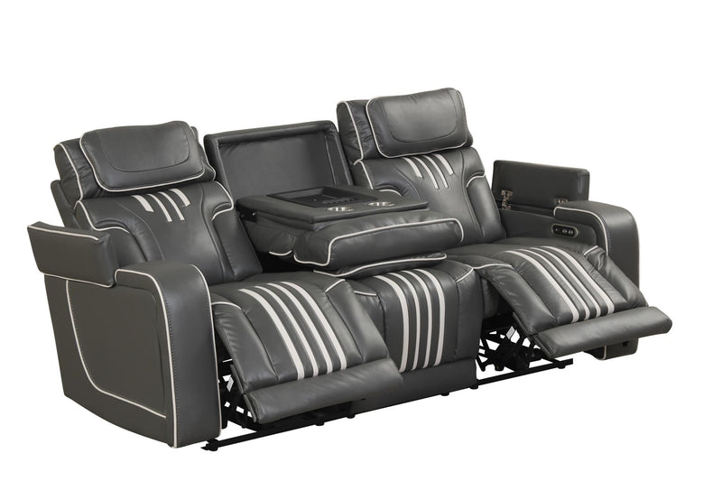 Axiom - Gray Power Recliner Sofa with Power Headrest, Drop-Down Table, Cup Holder, Integrated Bluetooth sound system, Decorative top stitching, Zero Gravity, Storage Armrest and USB Charger - L658-S