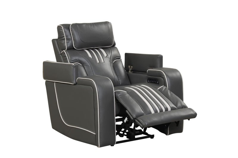 Axiom - Gray Power Recliner with Power Headrest, Hidden Integrated Bluetooth sound system, Decorative top stitching, Zero Gravity, Storage Armrest and USB Charger - L658-R