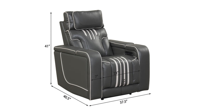 Axiom - Gray Power Recliner with Power Headrest, Hidden Integrated Bluetooth sound system, Decorative top stitching, Zero Gravity, Storage Armrest and USB Charger - L658-R