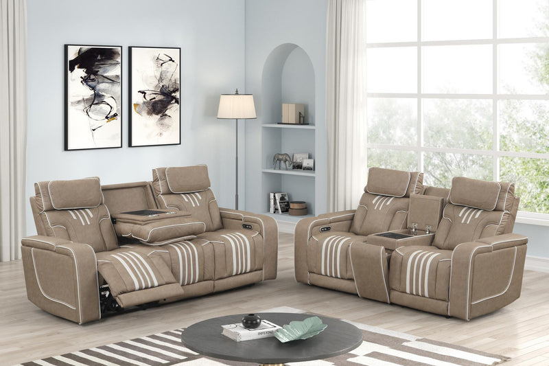 Axiom - Light Brown Power Recliner Loveseat with Power Headrest, Storage Console, Wireless Charger, Zero Gravity, Hidden Integrated Bluetooth sound system, Decorative top stitching, Storage Armrest, Pull-Out Cup Holder and USB Charger - L659-L