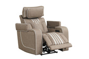 Axiom - Light Brown Power Recliner with Power Headrest, Hidden Integrated Bluetooth sound system, Decorative top stitching, Zero Gravity, Storage Armrest and USB Charger - L659-R