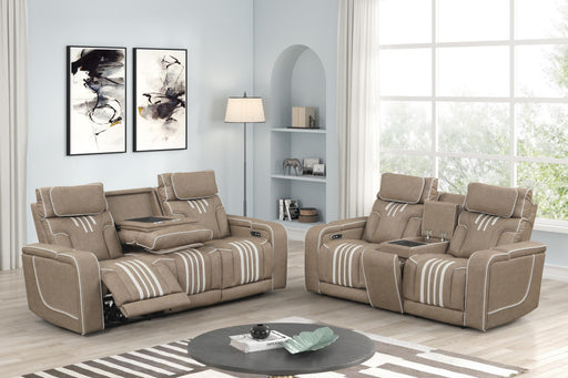 Axiom - Light Brown Power Reclining, Power Headrest, Storage Console, Wireless Charger, Zero Gravity, Drop-Down Table, Cup Holder, Integrated Bluetooth sound system, Decorative top stitching, Storage Armrest, Cup Holder and USB Charger - L659-SL