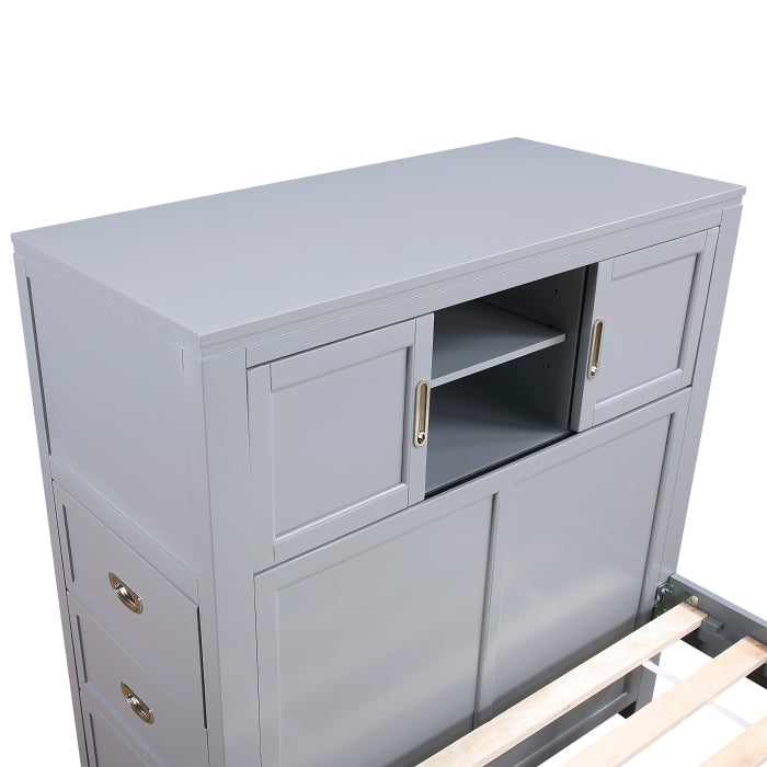 B2024GYBCF-1* (2) Full Bookcase Platform Bed with Hidden Desk, Stool and Storage Bench - B2024GYBCF-1*