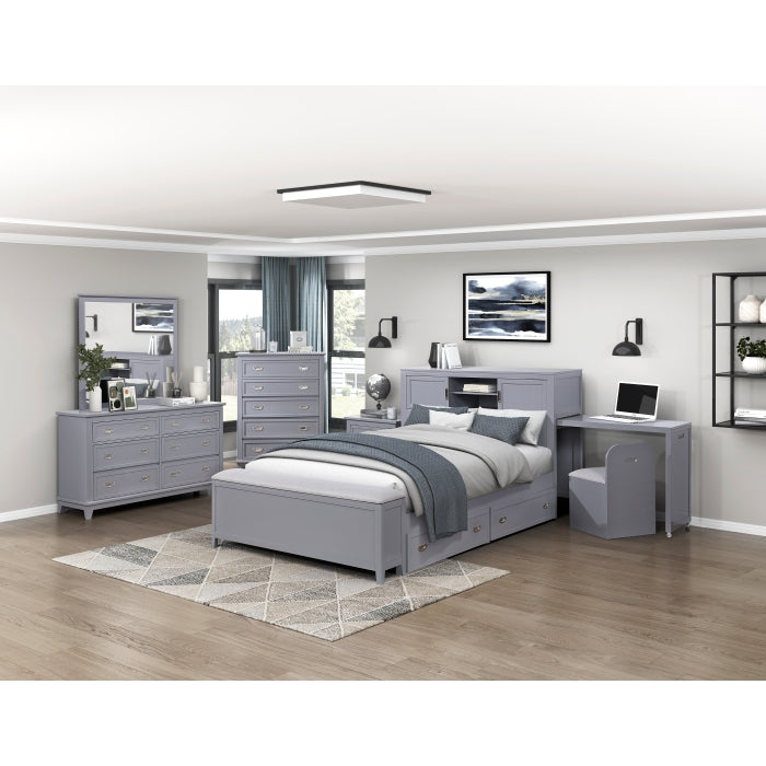 B2024GYBCF-1* (2) Full Bookcase Platform Bed with Hidden Desk, Stool and Storage Bench - B2024GYBCF-1*
