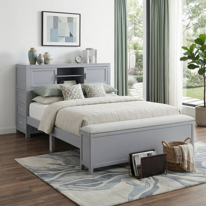 B2024GYBCF-1* (2) Full Bookcase Platform Bed with Hidden Desk, Stool and Storage Bench - B2024GYBCF-1*