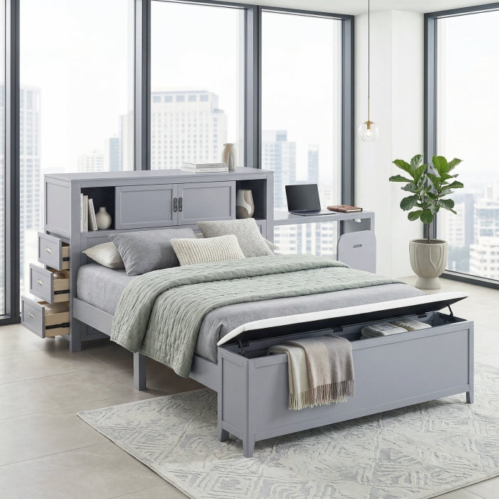 B2024GYBCF-1* (2) Full Bookcase Platform Bed with Hidden Desk, Stool and Storage Bench - B2024GYBCF-1*
