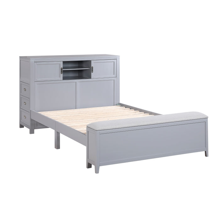 B2024GYBCF-1* (2) Full Bookcase Platform Bed with Hidden Desk, Stool and Storage Bench - B2024GYBCF-1*