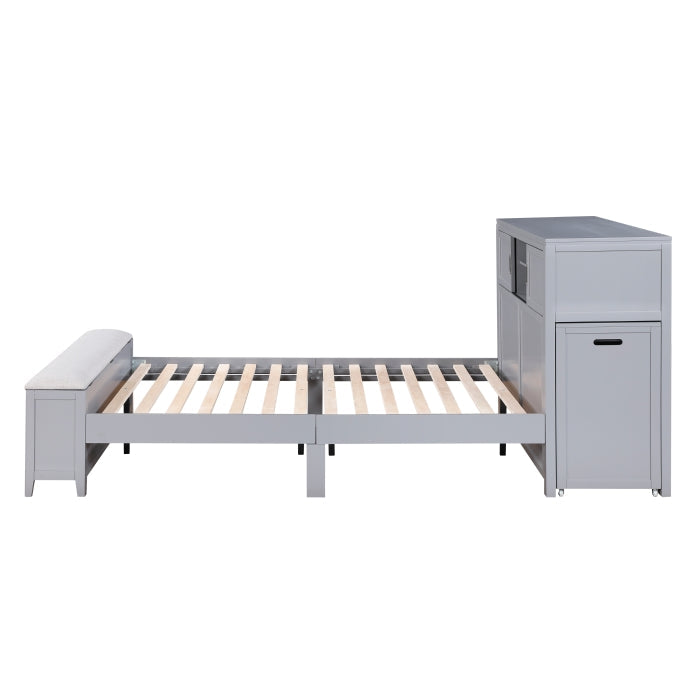 B2024GYBCF-1* (2) Full Bookcase Platform Bed with Hidden Desk, Stool and Storage Bench - B2024GYBCF-1*