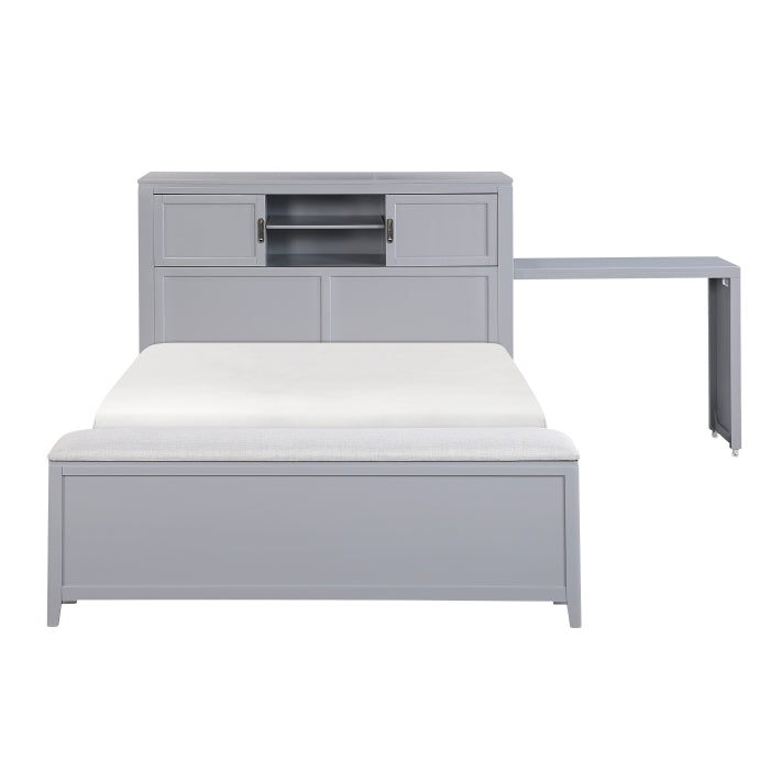 B2024GYBCF-1* (2) Full Bookcase Platform Bed with Hidden Desk, Stool and Storage Bench - B2024GYBCF-1*