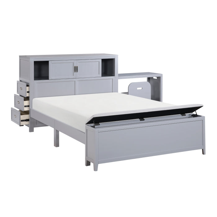 B2024GYBCF-1* (2) Full Bookcase Platform Bed with Hidden Desk, Stool and Storage Bench - B2024GYBCF-1*