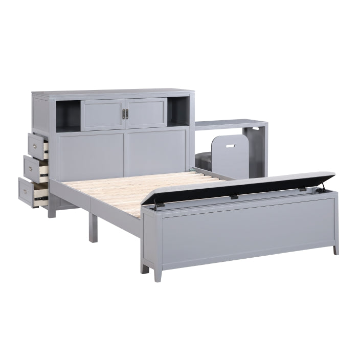 B2024GYBCF-1* (2) Full Bookcase Platform Bed with Hidden Desk, Stool and Storage Bench - B2024GYBCF-1*