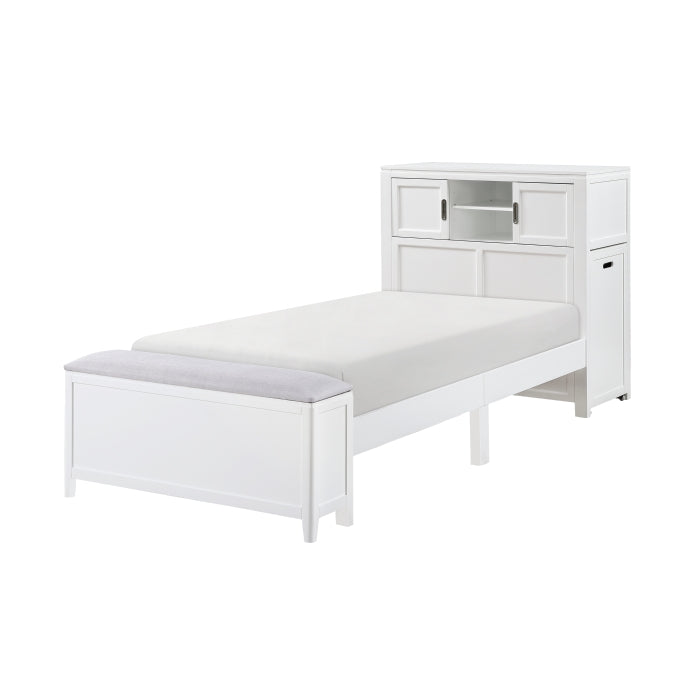 B2024WHBC-1* (2) Twin Bookcase Platform Bed with Hidden Desk, Stool and Storage Bench - B2024WHBC-1*