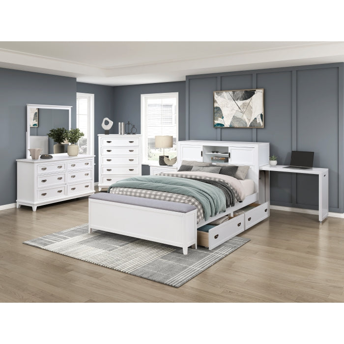 B2024WHBCF-1* (2) Full Bookcase Platform Bed with Hidden Desk, Stool and Storage Bench - B2024WHBCF-1*