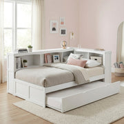 B2053BCW-1BCR* (4) Twin Bookcase Corner Platform Bed with Twin Trundle - B2053BCW-1BCR*