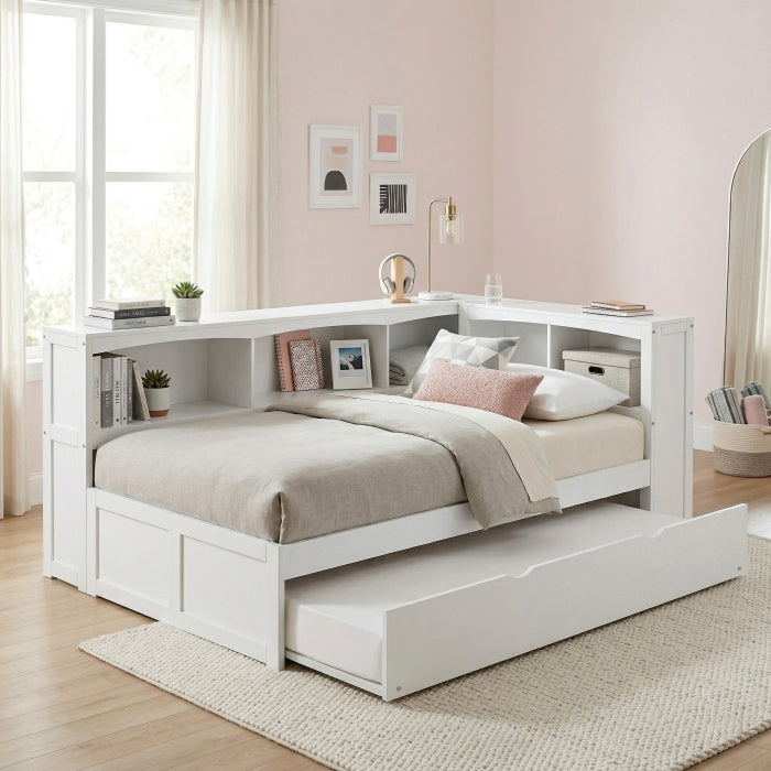 B2053BCW-1BCR* (4) Twin Bookcase Corner Platform Bed with Twin Trundle - B2053BCW-1BCR*
