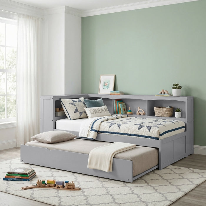 B2063BC-1BCR* (4) Twin Bookcase Corner Platform Bed with Twin Trundle - B2063BC-1BCR*