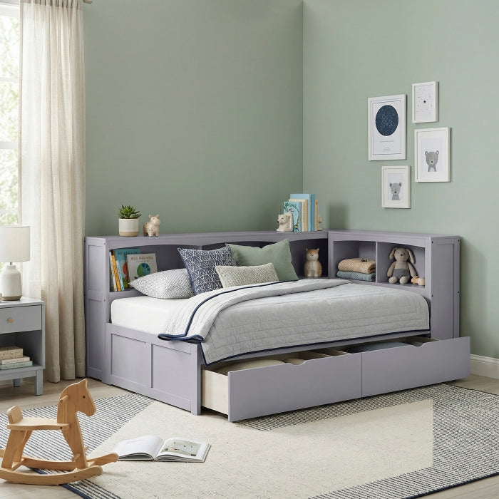 B2063BC-1BCT* (4) Twin Bookcase Corner Platform Bed with Storage Boxes - B2063BC-1BCT*
