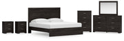 Belachime King Panel Bed with Mirrored Dresser, Chest and 2 Nightstands in Charcoal from Ashley - Lara Furniture