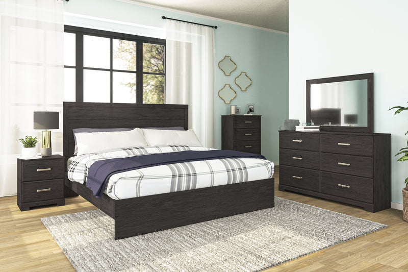 Belachime King Panel Bed with Mirrored Dresser, Chest and 2 Nightstands in Charcoal from Ashley - Lara Furniture